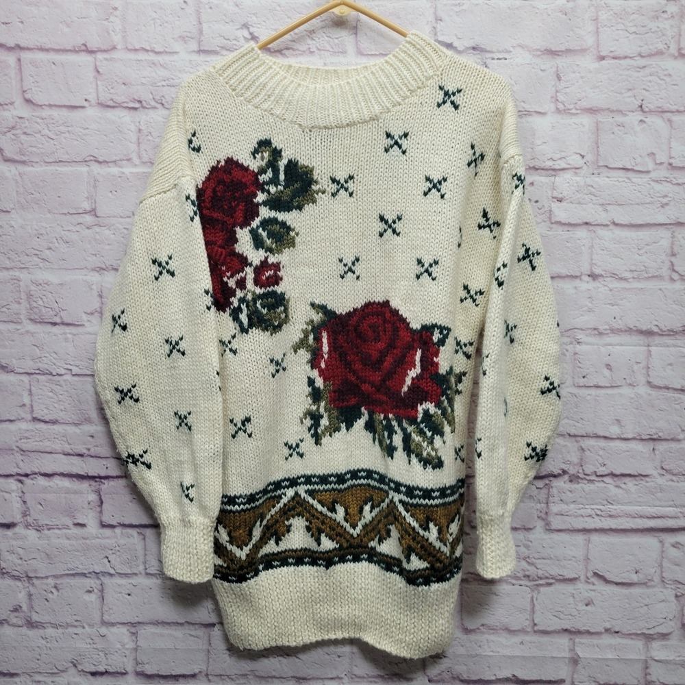 VTG Studio‎ Michelle Stuart Women Sz M Rose Floral Sweater Wool Blend Knitted